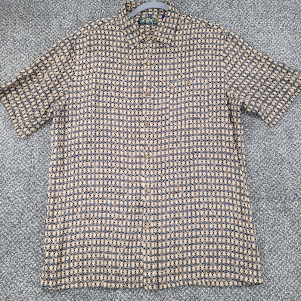 Campia Mens Large Blue Tan Geometric Rayon Short Sleeve Vacation‎ Beach Shirt